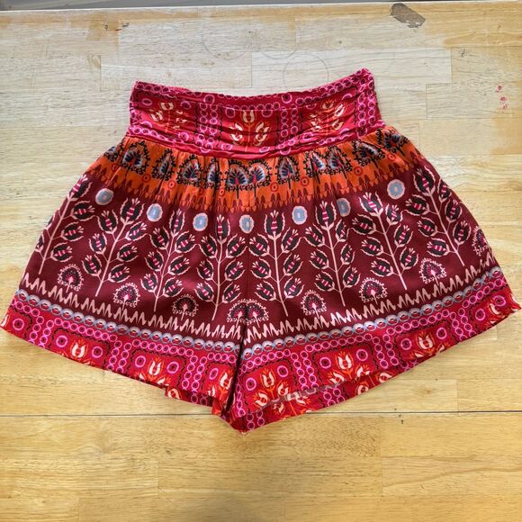 Anthropologie Shorts XS Ruched Wide Leg High Rise Boho Indie Printed Red Pink - Picture 2 of 12